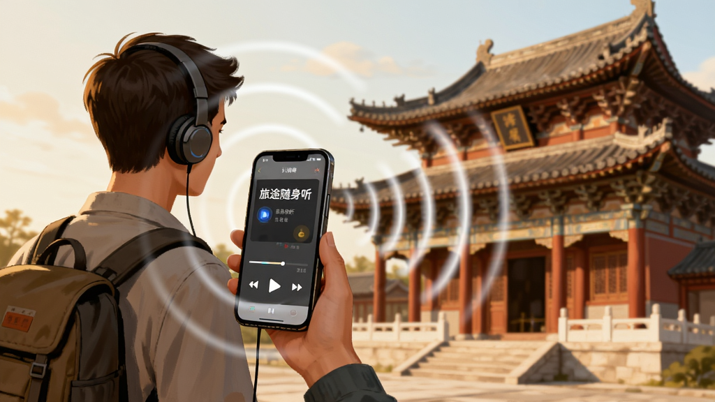 画面主体为一位背着背包的游客站在古建筑前,手持手机,手机屏幕显示旅途随身听正在播放语音讲解的界面,周围有声音波纹的视觉化元素从手机向外扩散;布局为人物在左前景,古建筑在右后景,声音波纹连接两者;风格为温暖写实的数字插画;细节包括古建筑的飞檐斗拱、游客佩戴耳机、屏幕上的播放进度条;画质细腻干净,无多余元素