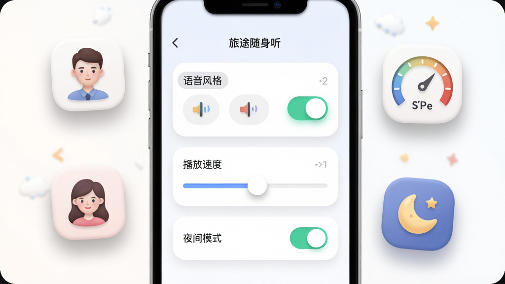 画面主体为手机屏幕展示旅途随身听的设置页面,包含语音风格选择、播放速度滑块、夜间模式开关等选项,屏幕周围漂浮着男声女声图标、速度仪表盘和月亮图标等元素;布局为手机居中,元素环绕;风格为柔和圆润的界面设计风格;细节包括开关按钮的高亮状态、滑块位置、图标阴影;画质清晰干净,无多余元素