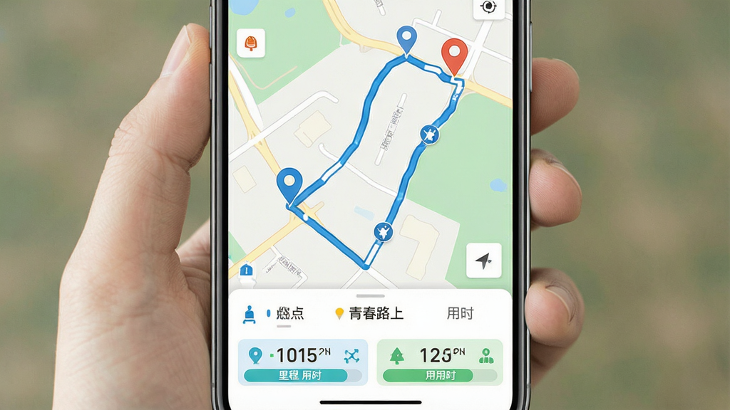 һ��Ӧ�ù���չʾͼ������Ϊ�ֻ���Ļ�е�GPS�ܲ��켣��ͼ������Ϊ��ͼռ����Ļ��Ҫ����������λ�ڵײ����Ű����½ṹ�����Ϊ����ǳɫ��ƽ����ϸ�ڰ�����ɫ·�߹켣������յ��ǡ��������ʱ�����������������ֱ�ע���ഺ·�ϡ������ʸ��壬�ɾ����޶���Ԫ��