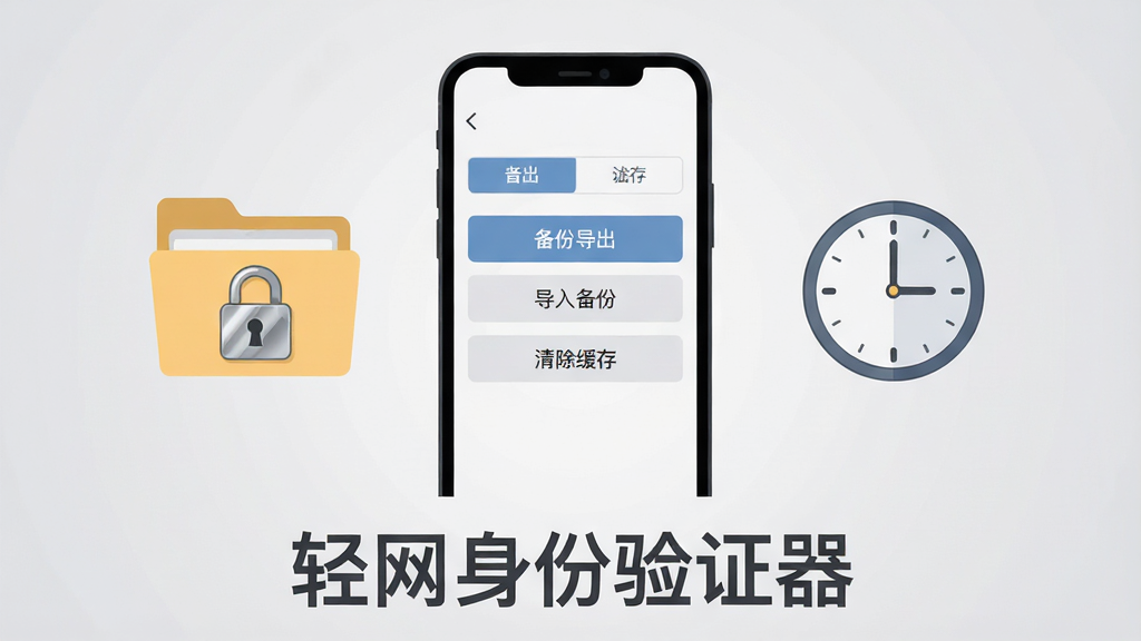 一部手机屏幕展示轻网身份验证器的设置页面,页面中有“备份导出”“导入备份”“清除缓存”三个选项卡,手机旁边漂浮一个带锁的文件夹图标与一个时钟图标,背景为浅灰色渐变,排版为手机居中、图标在两侧点缀,风格为简洁扁平化插画,细节上文件夹锁扣有金属光泽、时钟指针指向十二点,画质清晰干净,图片下方用深灰色文字写着“轻网身份验证器”