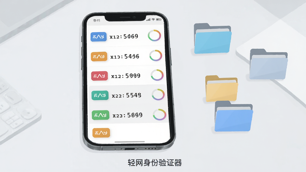 一部手机屏幕内展示轻网身份验证器的账户列表界面,列表中有六个彩色标签的账户条目,每个条目右侧显示六位数字与环形倒计时,手机旁边漂浮几个分类文件夹图标,背景为浅灰色桌面,排版为手机居中偏左、文件夹图标在右侧错落排列,风格为清爽扁平化UI插画,细节上数字采用等宽字体、倒计时环有渐变色彩,画质清晰干净,图片底部用深灰色小字标注“轻网身份验证器”