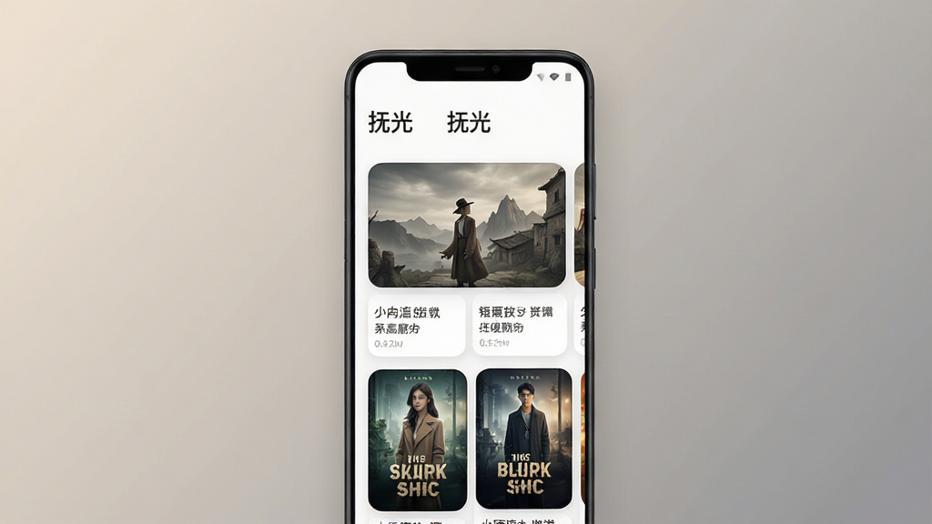 一张以“抚光”应用为主题的手机界面展示图,画面中央是一部竖屏安卓手机,屏幕内呈现简洁的内容推荐首页,上方有“抚光”字样标识,下方为图文卡片与短剧封面混排布局,背景为柔和的暖灰色渐变,整体风格干净清爽,细节上突出卡片圆角与留白,画质清晰,无多余元素