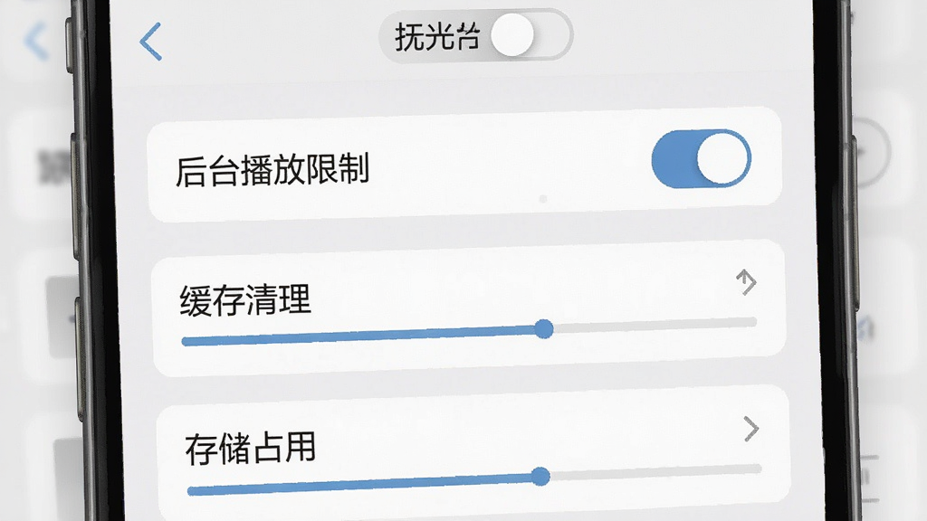 一张展示“抚光”后台管理设置的界面示意图,画面为手机设置页局部放大,包含“后台播放限制”“缓存清理”“存储占用”等选项模块,布局为纵向列表式,风格素雅极简,色调为浅灰与白色搭配,细节上突出开关控件与进度条,画质清晰,无杂乱装饰
