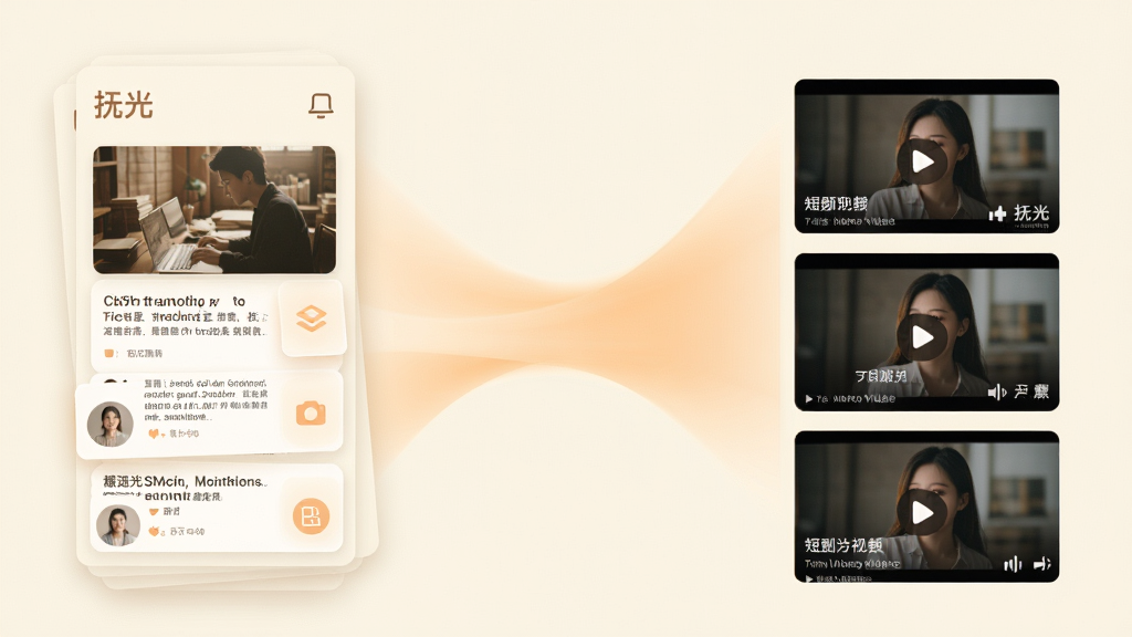 一张表现“抚光”内容聚合功能的示意图,画面左侧为图文阅读卡片,右侧为短剧视频封面,中间以柔和的光带连接,整体布局左右对称,风格简约现代,色调以米白与浅橙为主,细节上体现卡片层次感与图标识别度,画质干净清晰