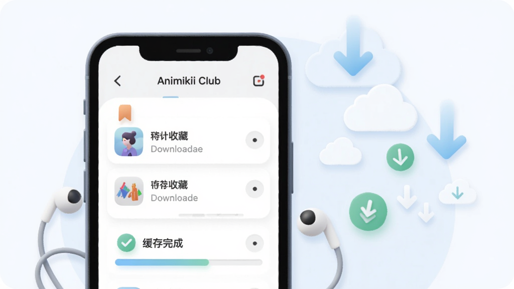 一张 Animikii Club 离线收藏与回听功能的界面示意插画,画面主体为一部手机屏幕特写,屏幕内展示收藏列表与下载进度条,手机旁边漂浮着云朵与向下箭头的图标,布局为手机居中偏左、图标环绕右侧,风格为柔和圆角扁平风,细节包含书签标记、缓存完成的对勾与耳机线元素,画质清爽干净,无多余元素
