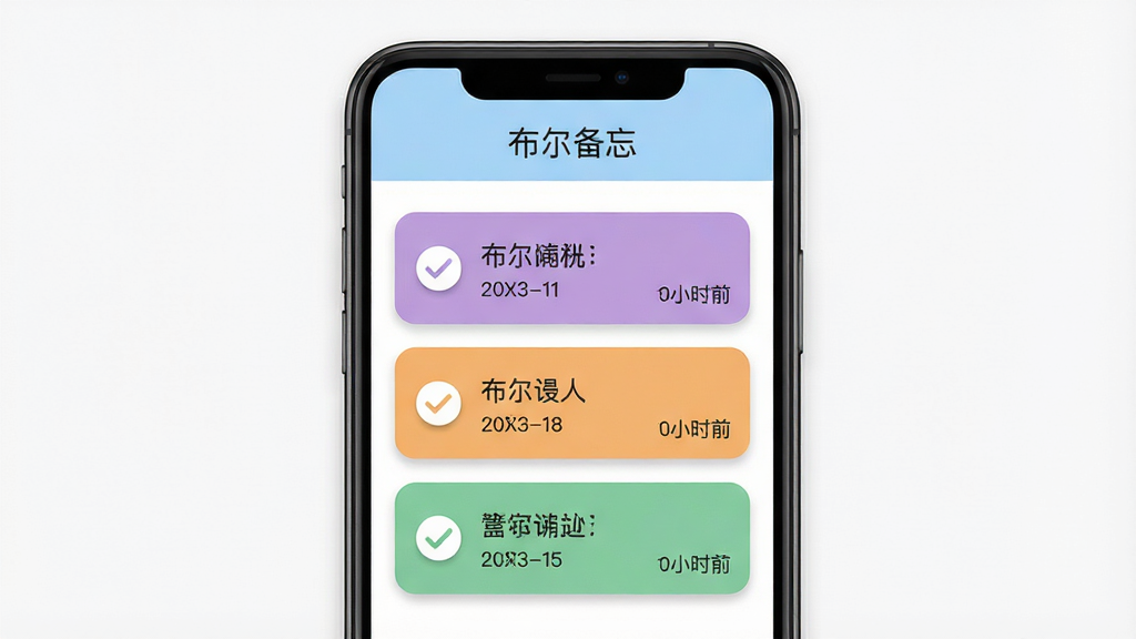 布尔备忘软件主界面展示,手机屏幕中央为简洁的备忘录列表,白色背景配淡蓝色标题栏,顶部显示“布尔备忘”文字标识,下方排列三条彩色待办卡片,每张卡片左侧有圆形勾选框,右侧为文字内容与时间标签,整体布局居中对称,风格清新扁平化,细节包括圆角图标与柔和阴影,画质高清,干净无多余元素