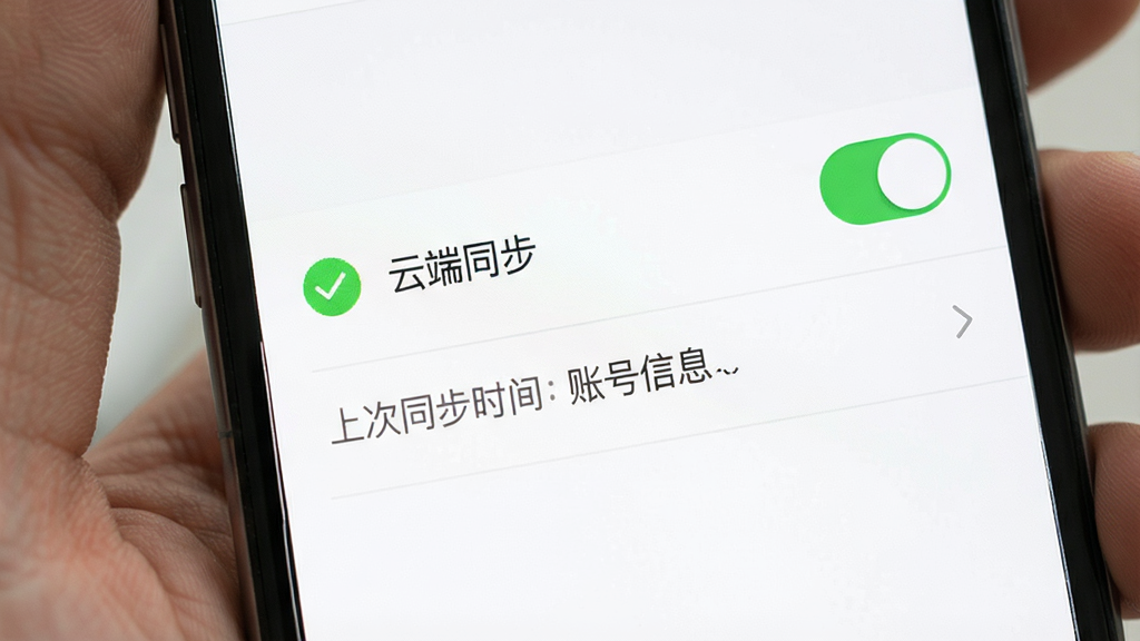 布尔备忘数据备份设置界面展示,手机屏幕显示设置菜单列表,包含“云端同步”开关处于开启状态,下方显示上次同步时间与账号信息,界面采用列表式布局,背景为纯白色,风格简约商务,细节包括绿色对勾图标与灰色分隔线,画质清晰,干净无多余元素