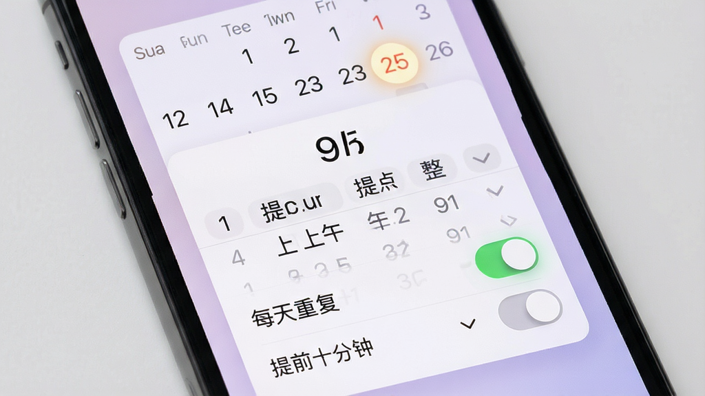 布尔备忘提醒设置界面展示,手机屏幕显示日历与时间选择器,提醒时间设置为上午九点整,下方选项包含“每天重复”开关与“提前十分钟”下拉菜单,界面采用卡片式布局,背景为淡紫色渐变,风格温和现代,细节包括高亮选中的日期数字与开关按钮的微光效果,画质清晰,干净无多余装饰