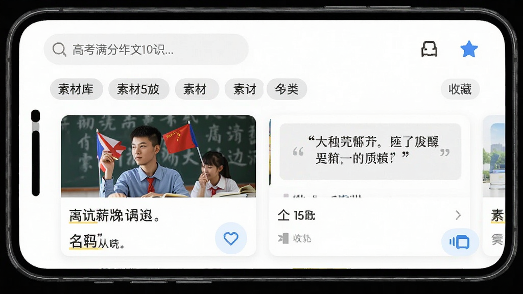 手机界面展示高考满分作文应用的素材库页面,顶部为搜索框,下方为素材分类标签与素材卡片列表,卡片内显示人物事迹与名言摘录,界面风格简洁,配色明快,布局清晰,风格知识管理类应用,细节包含素材标签与收藏按钮,画质清晰,干净,无多余元素