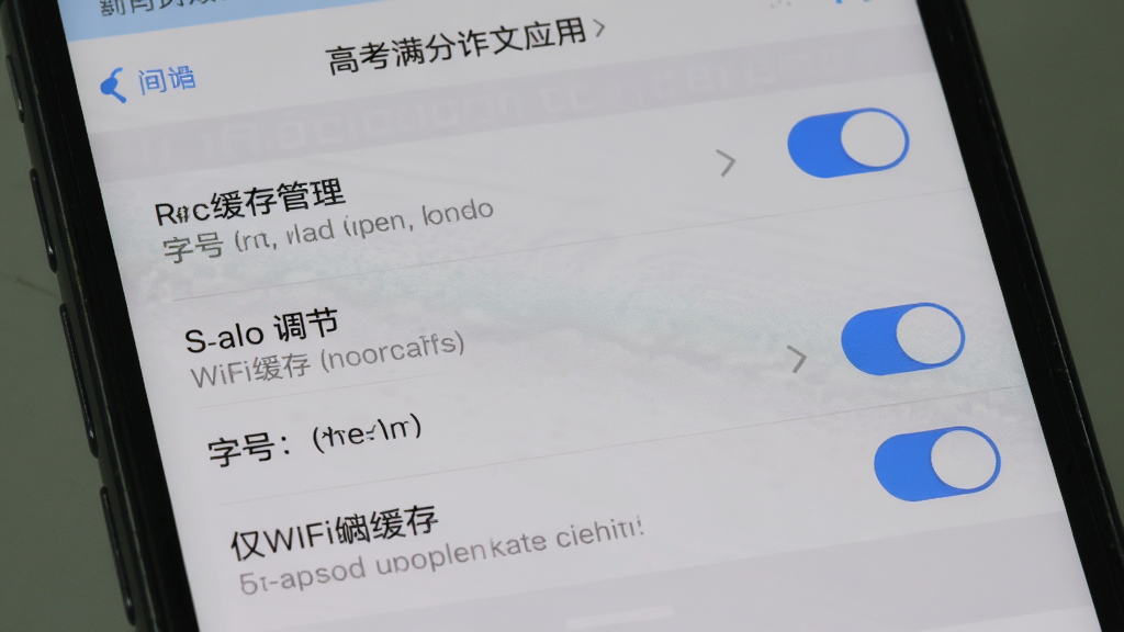 手机屏幕展示高考满分作文应用的设置页面,包含缓存管理、字号调节、仅WiFi缓存开关等选项,界面风格简洁,配色以浅灰与蓝色为主,布局清晰,风格工具类应用设置界面,细节包含开关按钮与说明文字,画质高清,干净,无多余元素