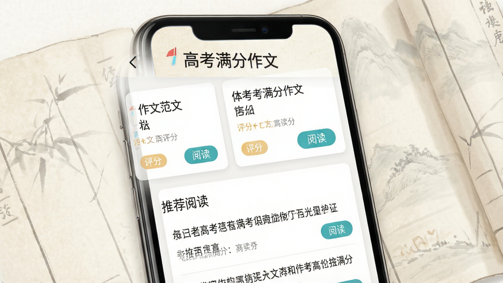 一张手机屏幕展示高考满分作文应用主界面,顶部显示软件名称“高考满分作文”,下方为范文分类卡片与推荐阅读列表,背景为淡雅的书卷纹理,整体布局干净整洁,风格清新学习类APP界面,细节包含作文标题、评分标签、阅读按钮,画质高清,干净,无多余元素
