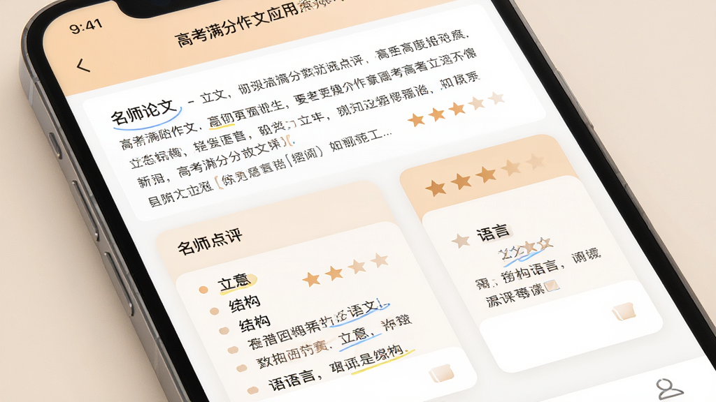 手机屏幕显示高考满分作文应用的名师点评页面,上方为范文片段,下方为点评卡片,卡片内分点列出立意、结构、语言等评析内容,界面风格温和,配色柔和,布局层次分明,风格学习工具类应用,细节包含评分星级与点评文字,画质高清,干净,无多余元素
