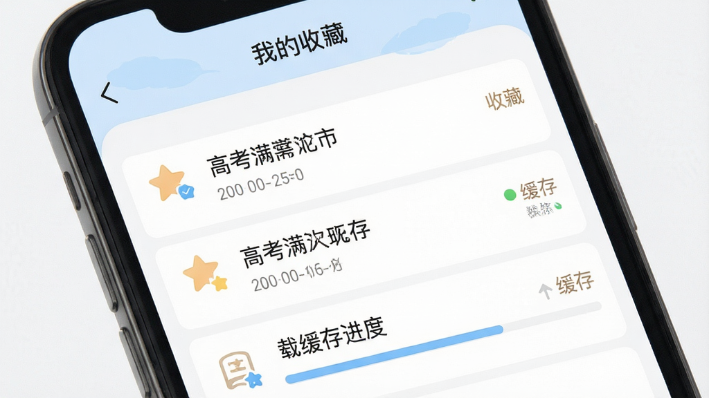 手机屏幕展示高考满分作文应用的收藏与离线阅读界面,页面显示已收藏范文列表与下载缓存进度条,顶部有“我的收藏”标题,界面风格简约,配色淡雅,布局规整,风格个人学习管理类应用,细节包含收藏图标与缓存状态标识,画质高清,干净,无多余元素