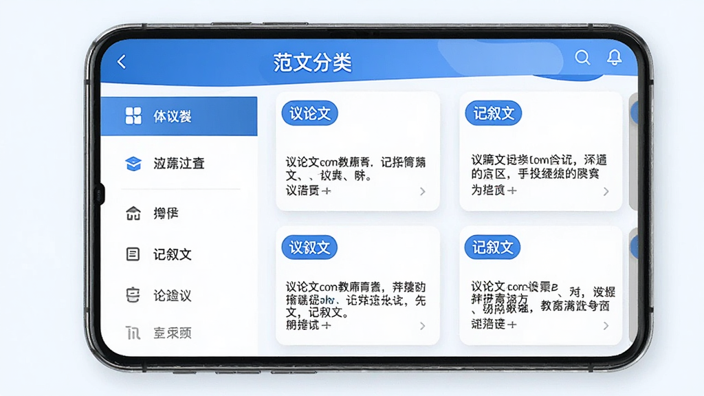 手机界面展示高考满分作文应用的范文分类页面,左侧为体裁导航栏,右侧为范文卡片列表,卡片上标注“议论文”“记叙文”等标签,界面风格清爽,配色以蓝白为主,布局整齐,风格现代教育类应用,细节包含分类图标与范文摘要,画质清晰,干净,无多余元素