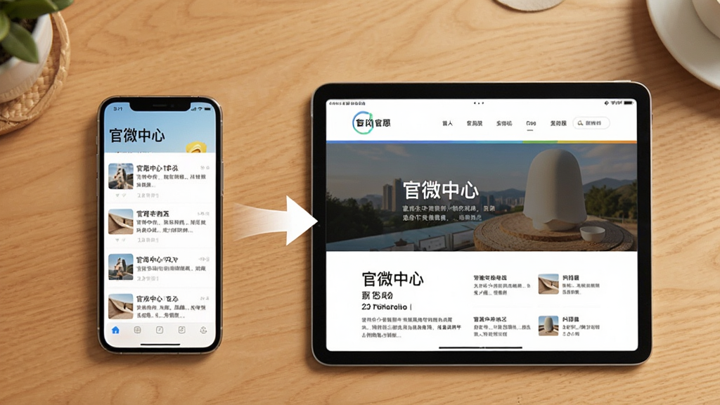 一部手机与一台平板并排摆放,手机显示“官微中心”文章列表,平板显示官网页面同步效果,两者之间有箭头示意同步流程,背景为木质桌面,风格温暖自然,画质清晰,干净无多余元素