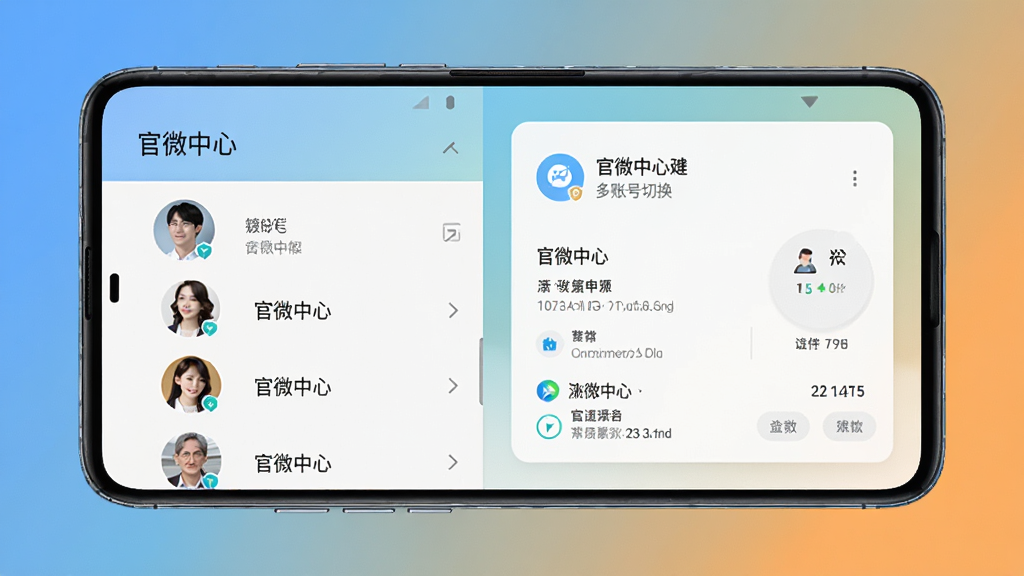 一部安卓手机屏幕中展示“官微中心”多账号切换界面,左侧为账号头像列表,右侧为当前账号的数据卡片,界面配色清爽,背景为纯色渐变,风格现代简约,画质细腻,干净无多余元素