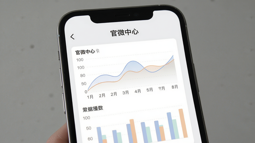 手机屏幕显示“官微中心”数据报告页面,包含折线图与柱状图,图表颜色柔和,页面顶部有“官微中心”字样,背景为浅灰色,整体风格清新素雅,画质清晰,干净无多余元素