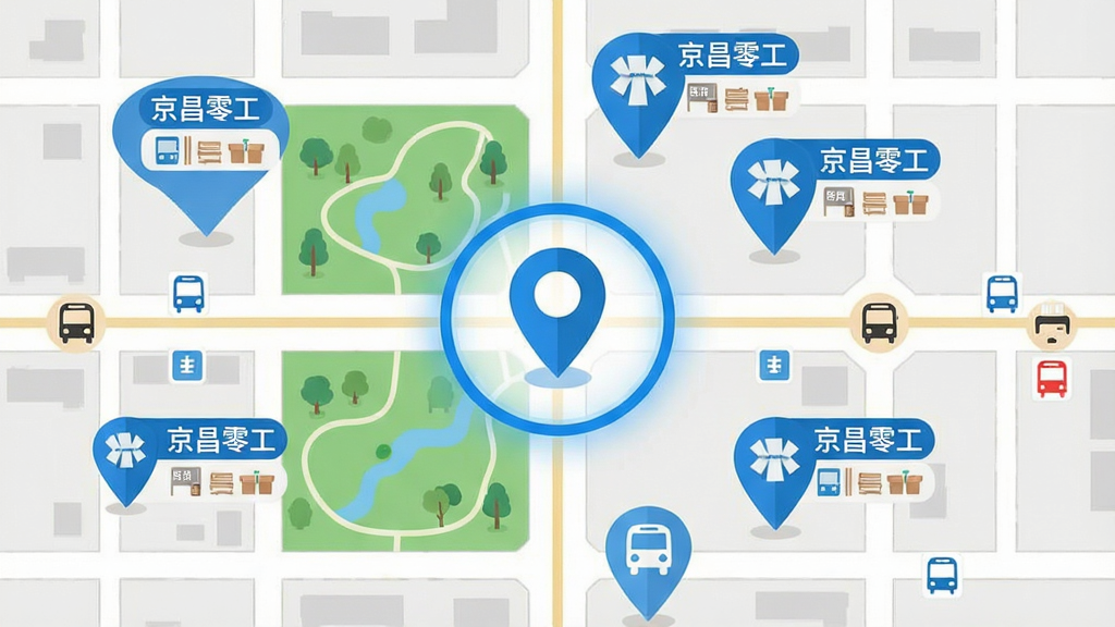 主体为一张俯视视角的城市街区地图插画,地图上散布多个蓝色定位气泡,气泡旁标注“京昌零工”字样与岗位小图标;布局为地图铺满画面,中心有一个高亮的定位圆环;排版均衡,信息层次分明;风格为清爽的扁平地图风;细节包括街道线条、公园绿地、公交站点符号;画质清晰,画面干净,无多余元素