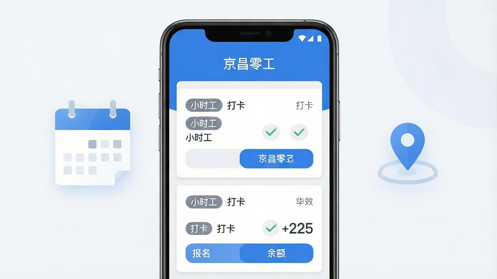 主体为一台竖屏安卓手机,屏幕中央显示蓝白色调的零工信息列表界面,顶部标题栏写有“京昌零工”四个字,下方是岗位卡片与报名按钮;布局为手机居中、左右两侧漂浮半透明的日历与定位图标;排版简洁清晰,主视觉突出手机屏幕;风格为现代扁平化科技风,配色以蓝白灰为主;细节包括屏幕内的小时工标签、打卡对勾图标、余额数字;画质高清,画面干净,无多余元素