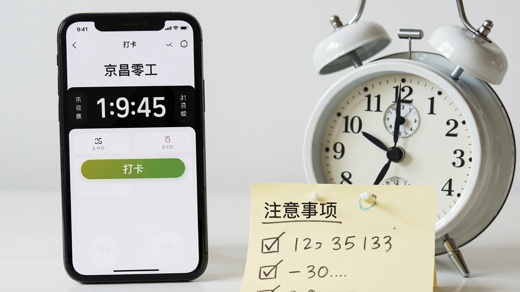 主体为一部手机屏幕显示“京昌零工”打卡页面,旁边摆放一个闹钟与一张写有注意事项的便签;布局为手机与闹钟左右呼应,便签置于前景;排版错落有致;风格为生活化写实风;细节包括打卡按钮高亮、时间数字清晰、便签上有对勾标记;画质清晰,画面干净,无多余元素