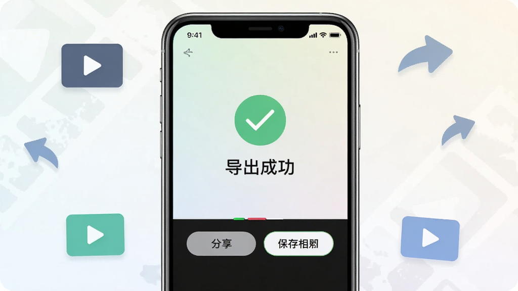 手机界面显示抖映剪辑的导出完成页面,屏幕中央是一个带对勾的完成图标和“导出成功”字样,下方有分享按钮与保存到相册按钮,背景为浅色渐变,周围有视频文件图标和分享箭头元素,扁平插画风格,构图简洁,画质干净