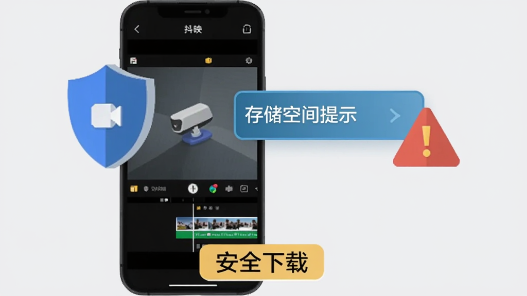画面展示一部手机正在运行抖映剪辑,屏幕旁边漂浮着盾牌图标、存储空间提示条和警告三角标志,手机下方有“安全下载”字样标签,背景为浅灰色,扁平化信息图风格,构图清晰,色调沉稳,画质干净无杂乱元素