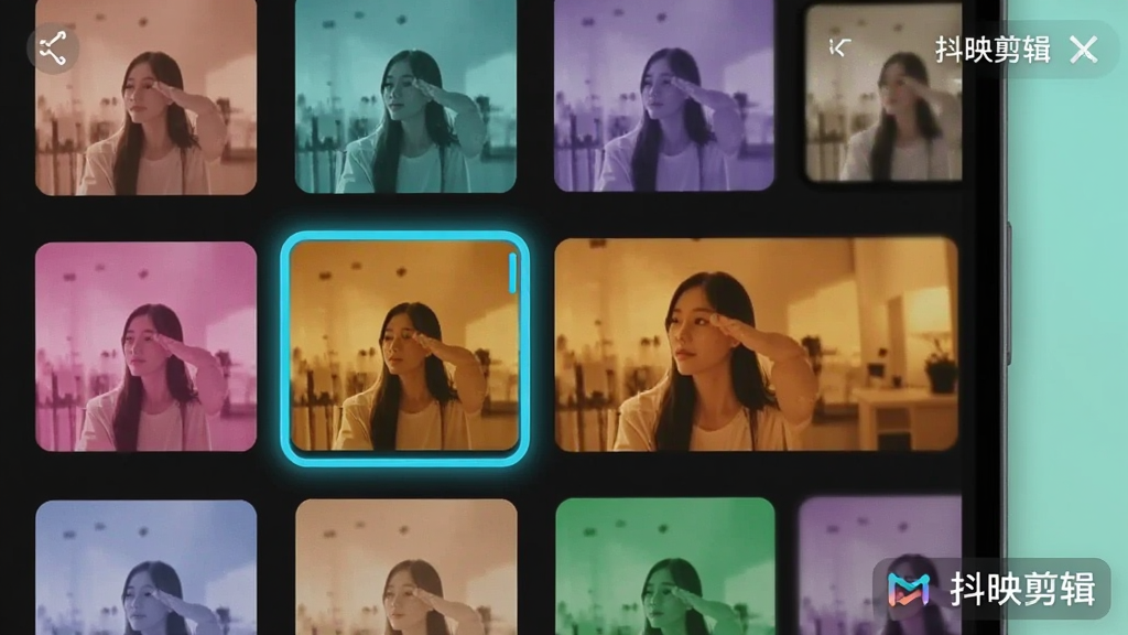 画面表现抖映剪辑的滤镜选择界面,手机屏幕中排列着多个不同色调的滤镜缩略图,当前选中的滤镜带有高亮边框,预览窗口中视频画面呈现暖色调效果,界面角落标注“抖映剪辑”,扁平化设计风格,配色清新,细节明确,画质干净