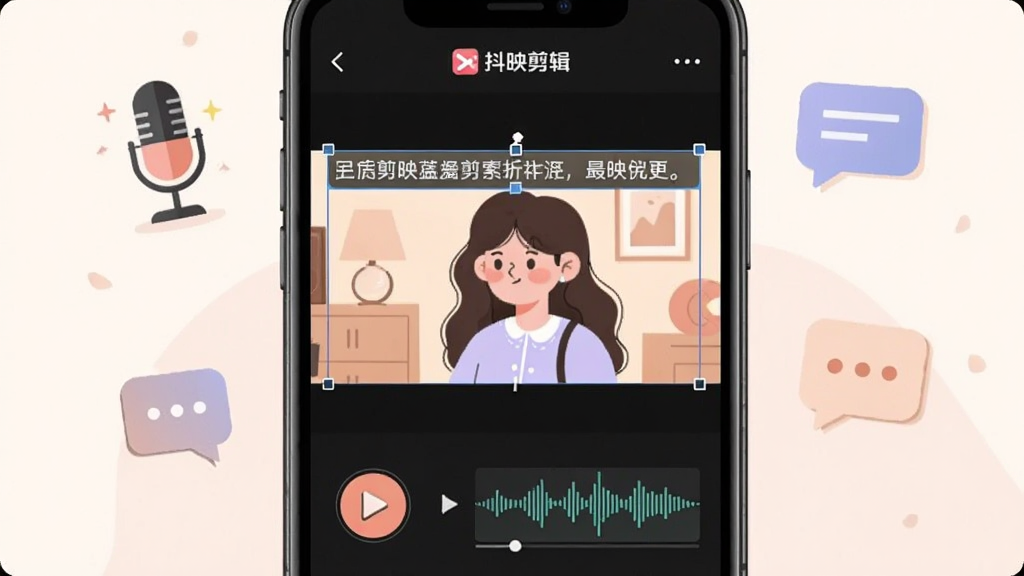 手机屏幕中显示抖映剪辑的字幕编辑页面,视频画面上方有一行文字字幕正在被选中调整,下方是配音录制按钮和音频波形图,界面带有“抖映剪辑”标识,周围点缀麦克风与文字气泡图标,扁平插画风格,色调柔和,构图干净,画质清晰
