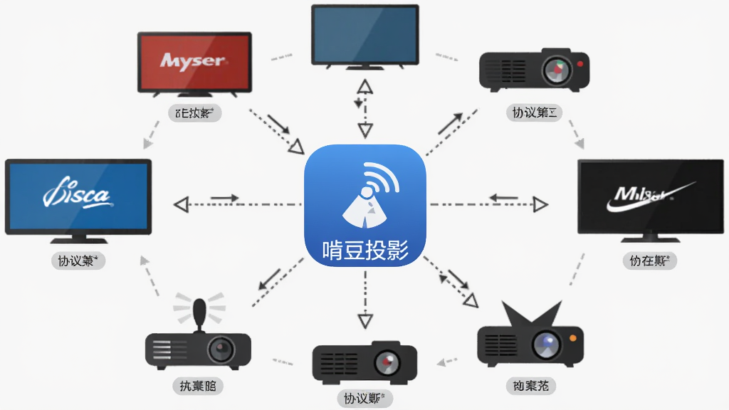 画面展示一个中心化的“啃豆投影”应用图标,周围环绕多个不同品牌电视和投影仪的简化图标,图标之间用虚线连接表示协议兼容,布局为放射状环绕结构,风格为扁平化信息图风格,细节包括每个设备图标下方的小标签、连接线条的箭头方向,画质干净清晰,背景为浅色,无多余装饰元素