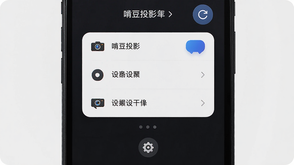 一部手机屏幕特写,显示“啃豆投影”应用主界面,界面中央为设备列表卡片,顶部有刷新按钮,底部有简洁的设置图标,布局为手机竖屏界面展示,风格为现代UI设计风,细节包括卡片圆角、按钮高亮状态、列表项之间的间距均匀,画质锐利,界面干净无杂乱元素