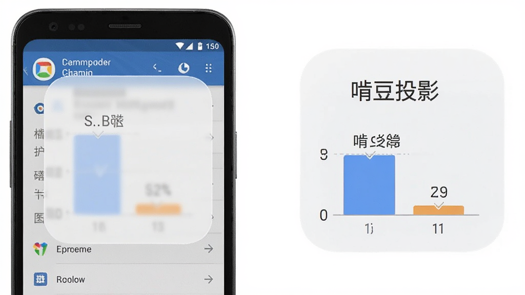 一部安卓手机侧面展示,手机旁边有一个半透明的存储空间示意图标,图标内显示“啃豆投影”应用占用空间很小的对比条形图,布局为手机与图标左右并列,风格为简约数据可视化风,细节包括条形图上的小数值标签、手机屏幕显示应用管理界面,画质清晰,背景干净无多余元素