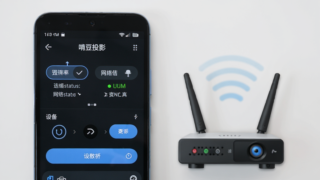 一部安卓手机屏幕显示“啃豆投影”投屏设置界面,界面中包含分辨率选择、网络状态指示、设备列表刷新按钮等元素,手机旁边放置一个路由器图标,布局为手机与路由器左右呼应,风格为科技教程风,细节包括界面上的高亮按钮、路由器信号波纹,画质清晰,背景为浅灰色,干净无多余元素