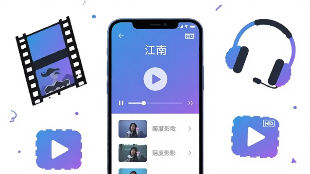 画面中央放置一部智能手机,手机屏幕上显示“江南”影音播放器界面,界面简洁,有播放按钮与视频列表;手机周围散布电影胶片、耳机、播放图标等元素;整体采用扁平化插画风格,色调以蓝紫渐变为主,背景干净留白;细节上突出播放进度条与高清标识;画质清晰,构图均衡,无多余杂乱元素