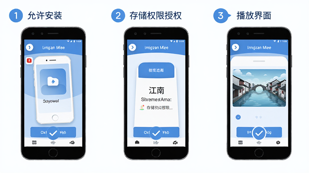 画面展示“江南”软件安装与权限设置流程示意,手机屏幕分步骤呈现允许安装、存储权限授权、播放界面;布局为三格横向排列;风格为简洁信息图插画,蓝白配色;细节上每格带序号与对勾图标;画质清晰干净,背景留白,无多余元素