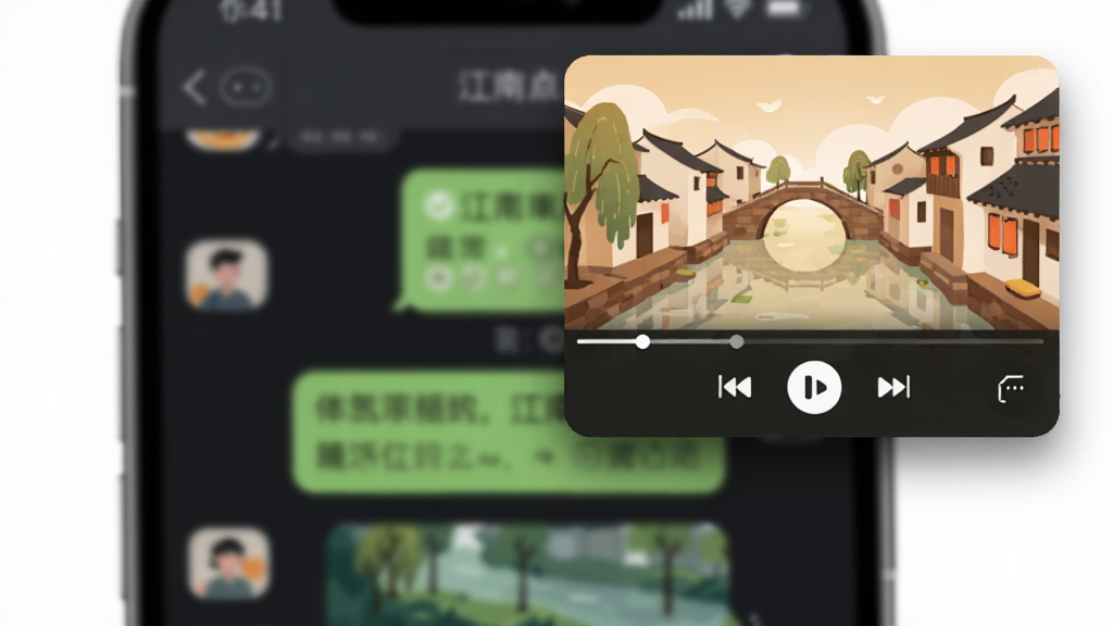 画面表现“江南”软件悬浮小窗播放功能,主背景为手机聊天界面,上层悬浮一个较小的视频播放窗口,窗口内有播放控制按钮;布局上悬浮窗位于屏幕右上角;风格为现代扁平插画,暖色调点缀;细节上悬浮窗带阴影与圆角;画质清晰,构图简洁,无杂乱元素