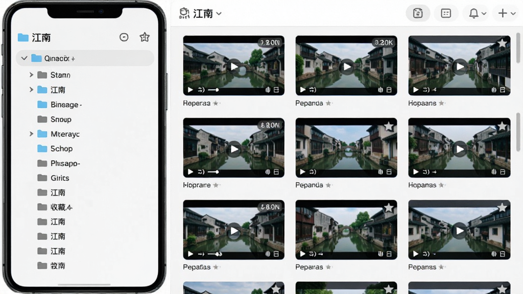 画面展示“江南”软件本地视频管理界面,左侧为文件夹列表,右侧为视频缩略图网格;布局清晰对称,采用手机界面 mockup 展示;风格为清爽扁平化设计,浅色背景;细节上缩略图带有播放时长角标与收藏星标;画质干净,排版整齐,无多余元素