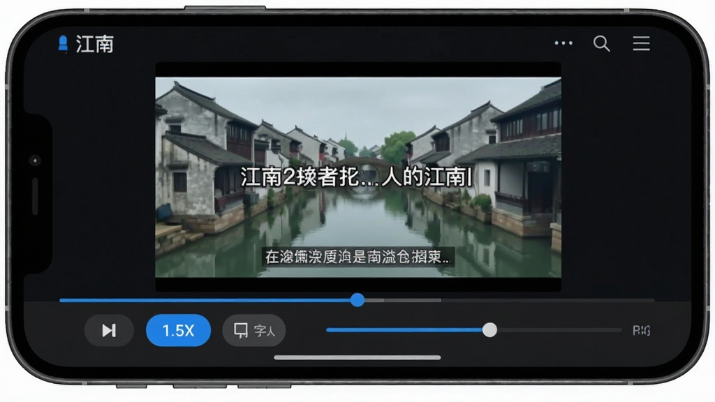 画面展示“江南”软件播放界面,底部操作栏包含倍速按钮“1.5X”、字幕按钮与进度条;画面中央为视频播放区域,叠加字幕文字;布局为手机横屏 mockup;风格为简洁扁平设计,深色播放背景;细节上按钮高亮清晰;画质干净,排版规整,无多余元素
