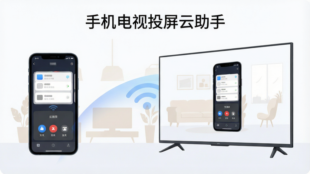 一张横向构图的软件展示图,画面左侧是一部竖放的智能手机,屏幕显示投屏连接界面,右侧是一台大尺寸智能电视,电视屏幕上呈现手机画面同步放大的效果,中间用一条柔和的弧线光带连接两端表示无线传输,整体布局左右对称、留白充足,风格为清爽的扁平化科技插画,细节包括手机界面上的设备列表卡片、电视边框的窄边设计、背景中的浅色家居环境剪影,画质清晰干净,无多余装饰元素,图片中央上方以简洁无衬线字体写有“手机电视投屏云助手”字样