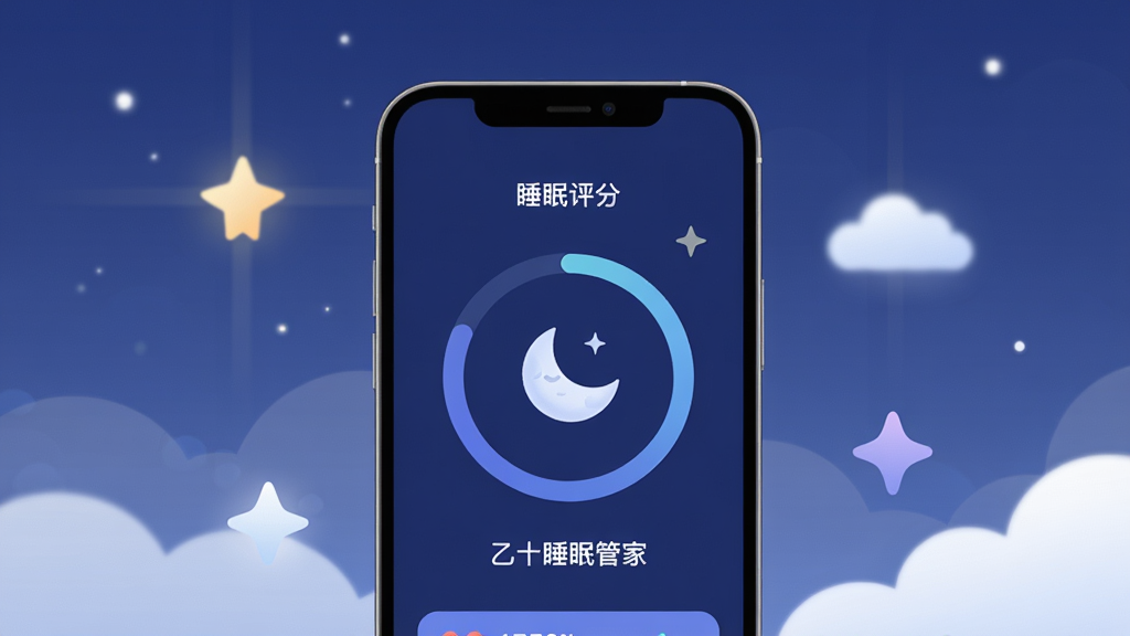 主体为一部竖直摆放的智能手机,屏幕中显示深蓝色调的睡眠数据仪表盘与月牙图标,布局上手机居中、四周环绕柔和星光与云朵元素,排版简洁留白充足,风格为现代扁平化健康类App宣传图,细节包括屏幕内清晰的环形睡眠评分图表与“乙十睡眠管家”字样,画质高清、干净、无多余元素