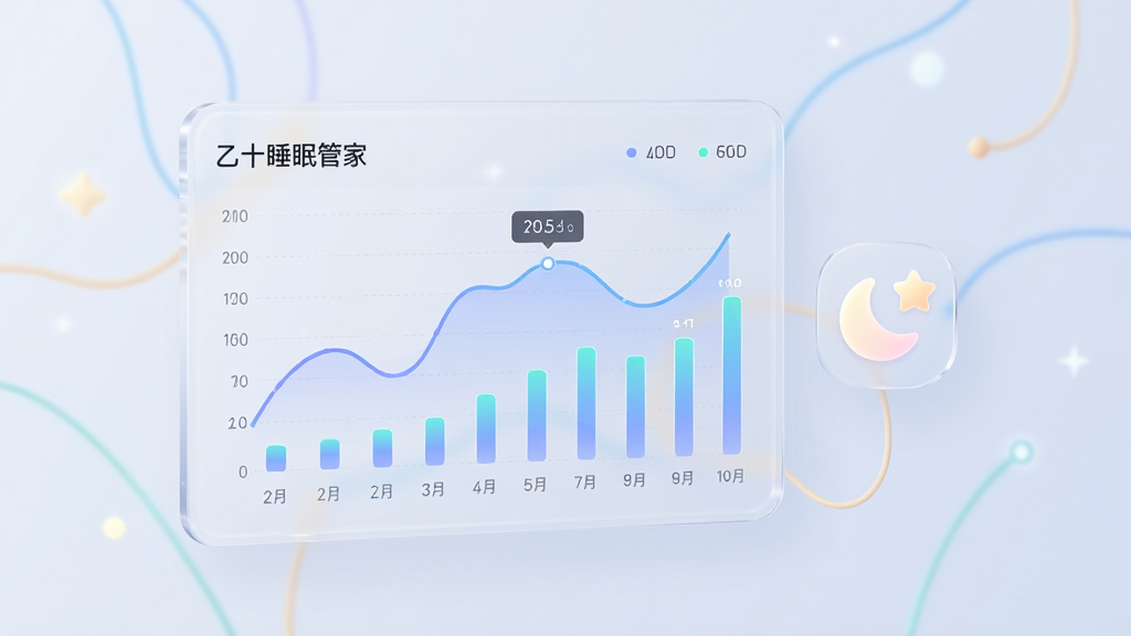 主体为一块悬浮的半透明数据面板,面板上呈现折线图与柱状图组合的睡眠趋势图,布局为面板居中偏左、右侧搭配一个小型月牙与星星图标,排版清爽有序,风格为科技感与柔和感结合的界面示意图,细节包括图表旁标注“乙十睡眠管家”文字与简洁的数值标签,画质高清、干净、无多余元素
