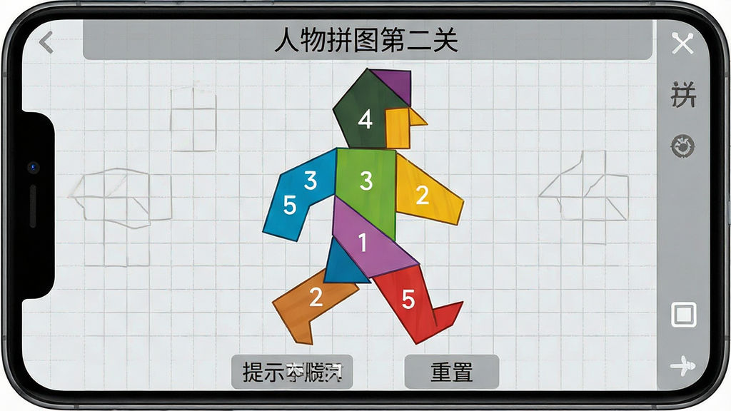 一张七巧板大师人物拼图第二关的示意图,画面展示手机屏幕中七块彩色木板拼成一个行走小人轮廓,每块木板用不同颜色区分并标注序号,背景为浅灰色网格,界面顶部显示关卡名称“人物拼图第二关”,底部有提示和重置按钮,整体风格教学图解式,画质清晰,无多余装饰
