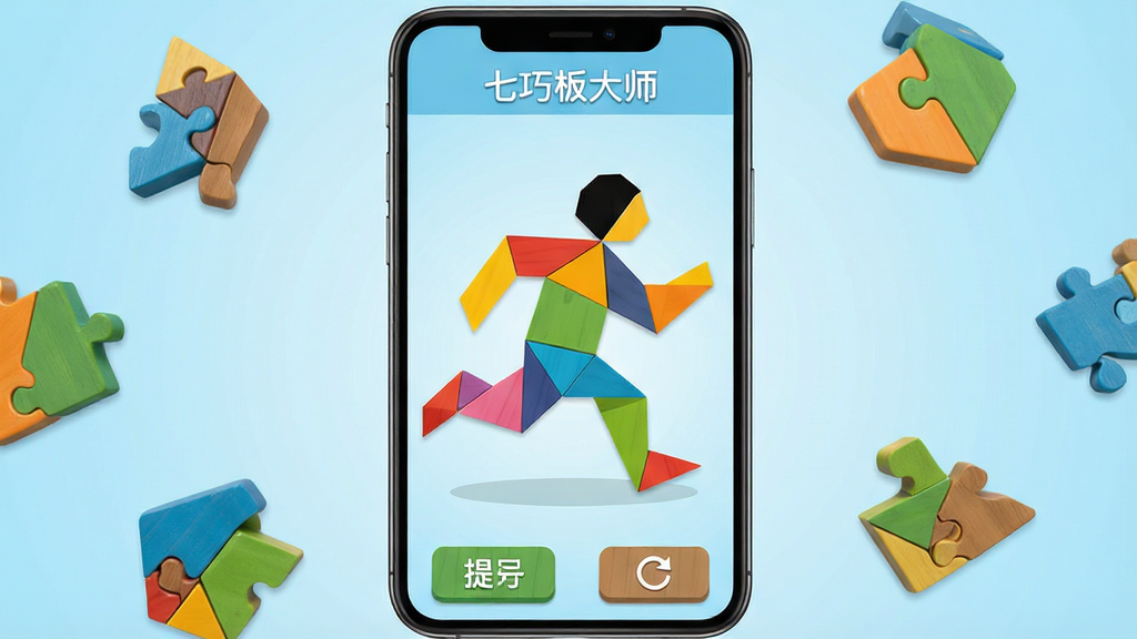 一张展示七巧板大师应用界面的手机样机图,画面中央是七块彩色几何木板拼成的奔跑小人图案,背景为浅蓝色渐变,周围散落着几块待放置的拼图块,界面顶部显示“七巧板大师”字样,底部有提示按钮和重置按钮,整体风格清新明快,扁平化设计,画质清晰,无多余装饰元素