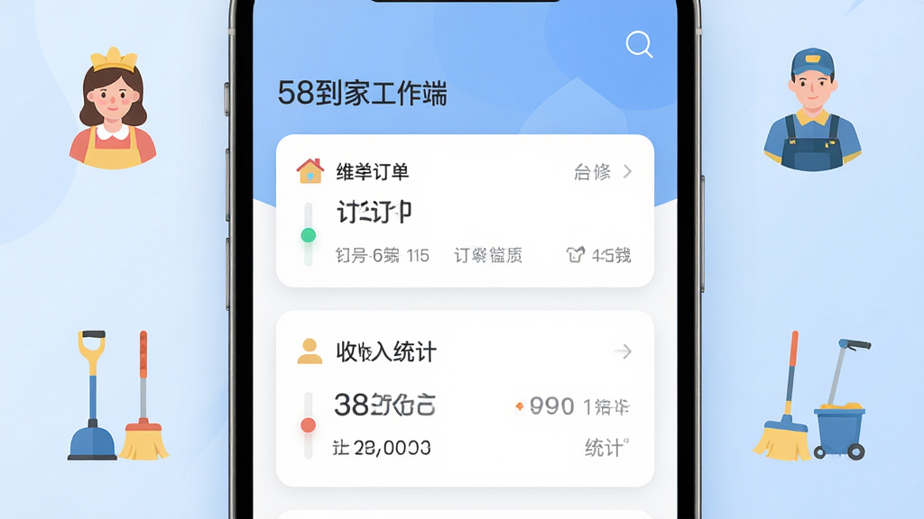手机屏幕居中展示58到家工作端应用界面,界面包含订单列表与收入统计卡片,背景为浅蓝色渐变,周围环绕家政阿姨、维修师傅、保洁工具等扁平化图标,整体布局简洁清晰,风格为现代扁平化UI设计,细节包括圆角卡片、柔和阴影、清晰文字标注“58到家工作端”,画质高清,画面干净,无多余元素