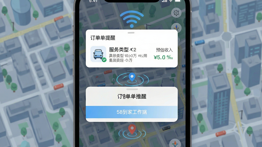 手机界面展示订单推送弹窗,屏幕上方出现新订单提醒卡片,卡片内含服务类型图标、距离标注与预估收入,背景为城市街区地图俯视图,风格为科技感扁平插画,细节包括信号波纹、定位标记、时间戳,画面中标注文字“58到家工作端”,画质清晰,构图干净,无杂乱元素