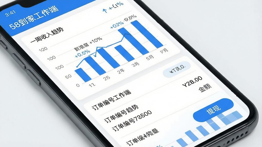 手机屏幕展示收入统计页面,包含柱状图与明细列表,柱状图显示一周收入趋势,列表内逐条列出订单编号与金额,背景为白色卡片式布局,风格为简约数据可视化界面,细节包括蓝色主色调、百分比标注、提现按钮,画面中标注文字“58到家工作端”,画质清晰,画面干净,无冗余元素
