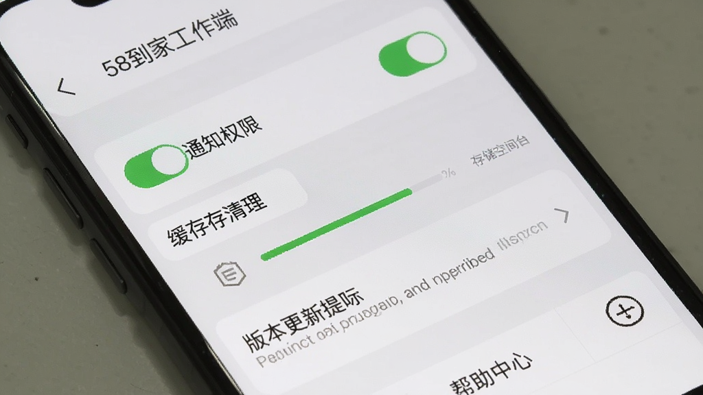 手机屏幕展示58到家工作端设置页面,包含通知权限开关、缓存清理按钮与版本更新提示,背景为浅灰色系统设置界面,风格为简洁工具类应用截图,细节包括绿色开关状态、存储空间进度条、帮助中心入口,画面中标注文字“58到家工作端”,画质清晰,布局规整,无多余元素