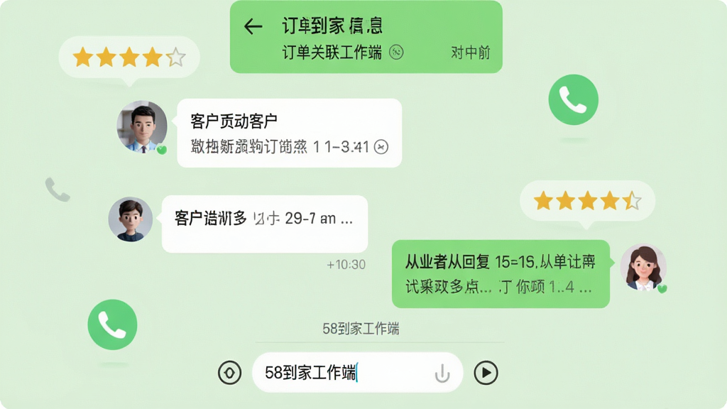 手机聊天界面展示对话气泡,左侧为客户头像与消息,右侧为从业者回复,顶部显示订单关联信息,背景为浅绿色聊天背景,周围漂浮评价星级与电话图标,风格为社交软件扁平化设计,细节包括已读标记、时间显示、输入框,画面中标注“58到家工作端”,画质高清,构图清爽,无杂乱元素