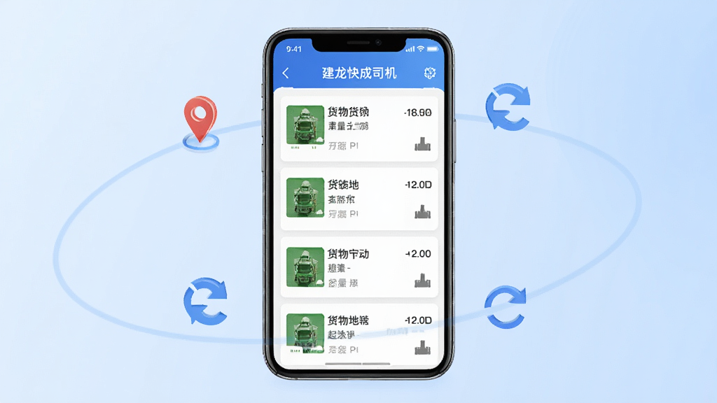 画面中央为一部智能手机,屏幕显示“建龙快成司机”货源大厅界面,多条货源卡片纵向排列,标注货物名称、重量、起止地,手机周围环绕定位图标与刷新箭头,背景为浅蓝色渐变,风格简洁现代,细节丰富,画质清晰干净