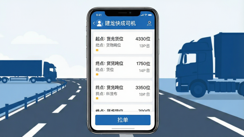 画面上方居中显示手机屏幕,屏幕内呈现货运APP的货源列表界面,包含“建龙快成司机”文字标题,列表项显示起点终点与货物吨位信息,屏幕下方有抢单按钮,背景为公路与卡车剪影,整体采用蓝白商务配色,扁平化UI风格,细节清晰,画质干净,无多余元素