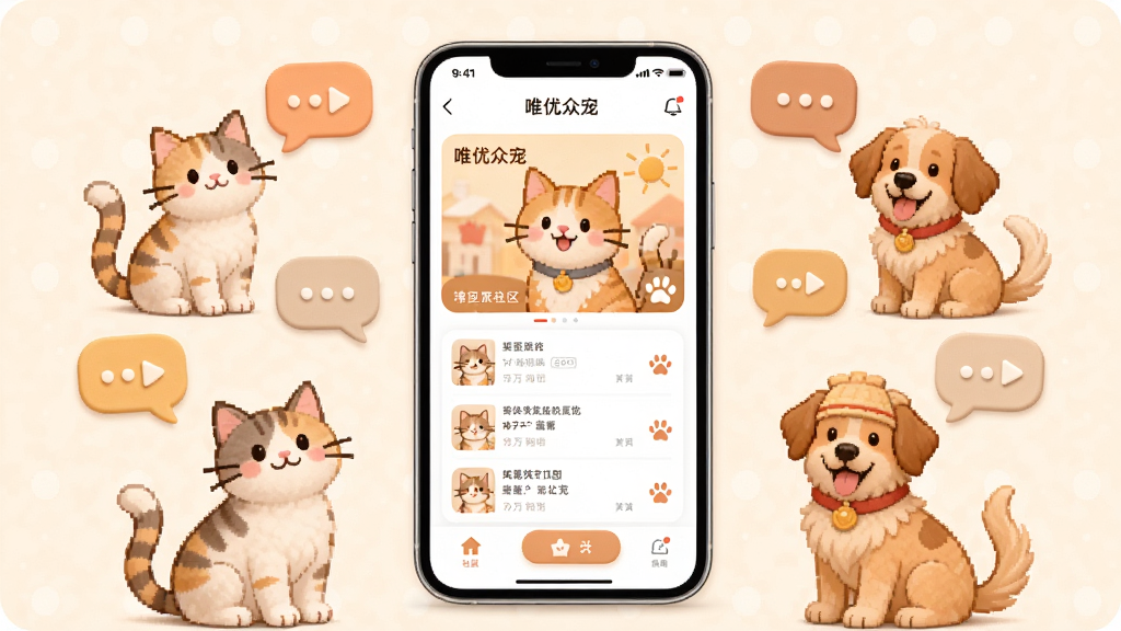 һ��������������ͼ����������Ϊ�ֻ���ĻչʾΨ���ڳ�APP����ҳ�棬��Ļ��Χ������è�䡢�����Ŀ�ͨ�廭�ͶԻ�����ͼ�꣬�����Ű���жԳƣ���������ů��ϸ�ھ��£����ʸ��壬����Ϊ���ǳɫ���ɾ��޶���װ��